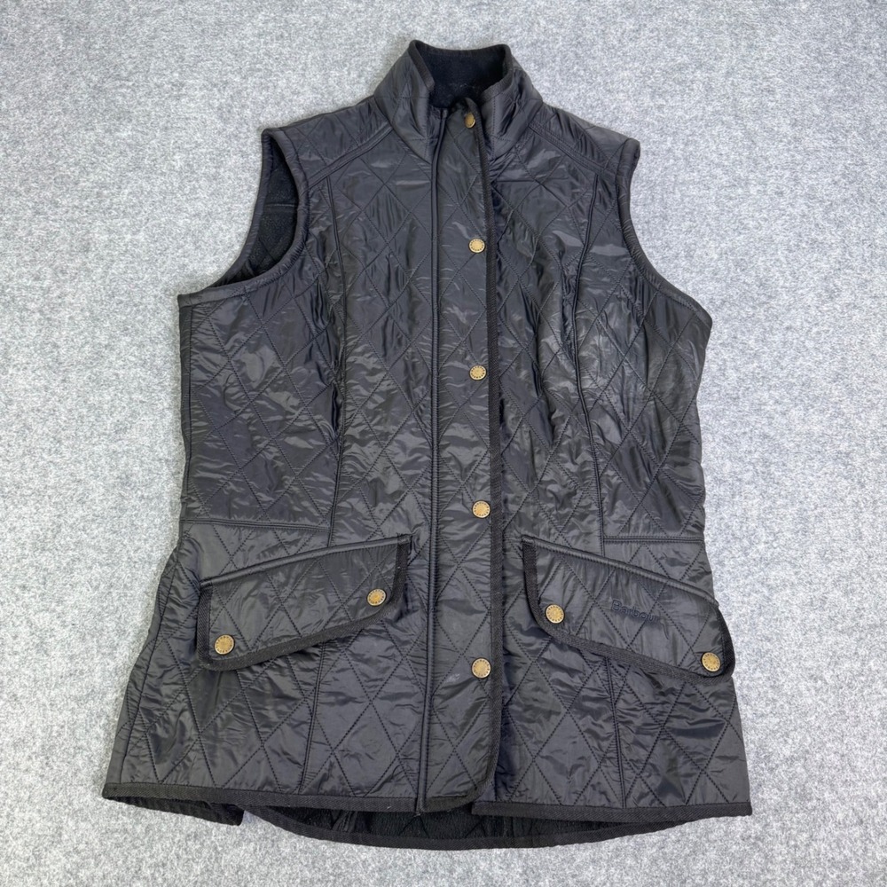 Barbour Quilted Vest Women 10 Black Good Flaw Front Snap Pockets
